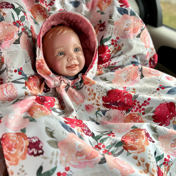 Poncho Softshell Floraison rose & Bourgogne + Capuchon Amovible