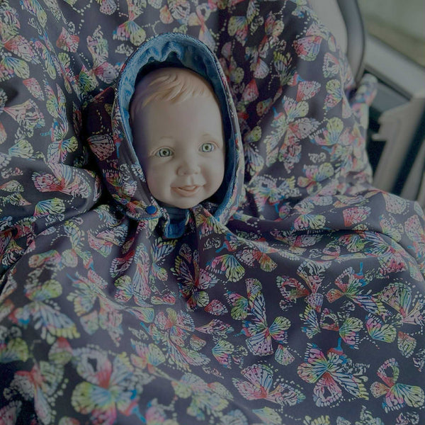 Poncho Softshell Papillon abstrait Bleu + Capuchon Amovible