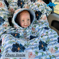 Poncho Softshell Fleurs Denim + Capuchon Amovible