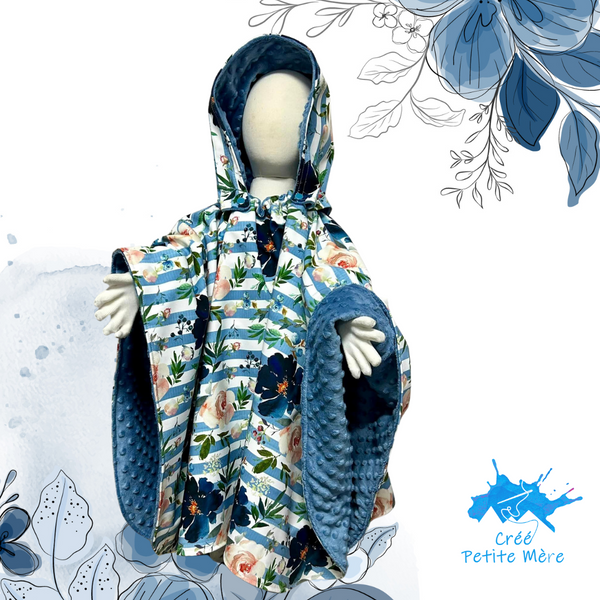 Poncho Fleurs Ligné Bleu