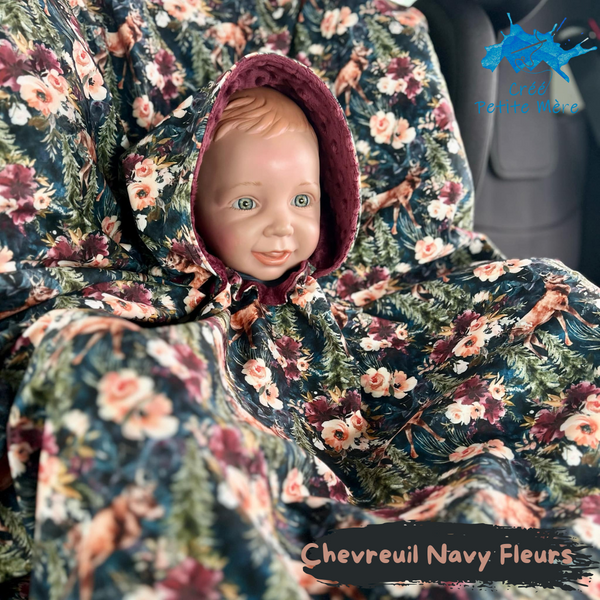 Poncho Softshell Chevreuil Navy Fleurs + Capuchon Amovible